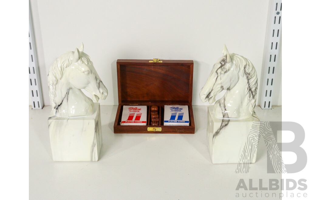 Wooden Game Box with Brass Inlays & Dice with Set of Marbled Resin Horse Head Bookends