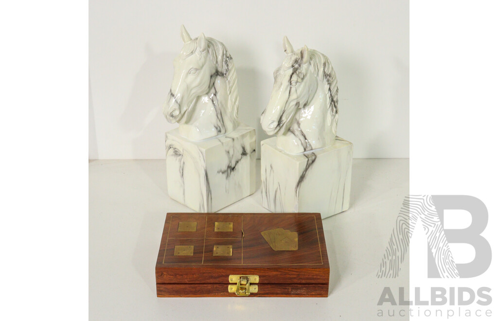 Wooden Game Box with Brass Inlays & Dice with Set of Marbled Resin Horse Head Bookends
