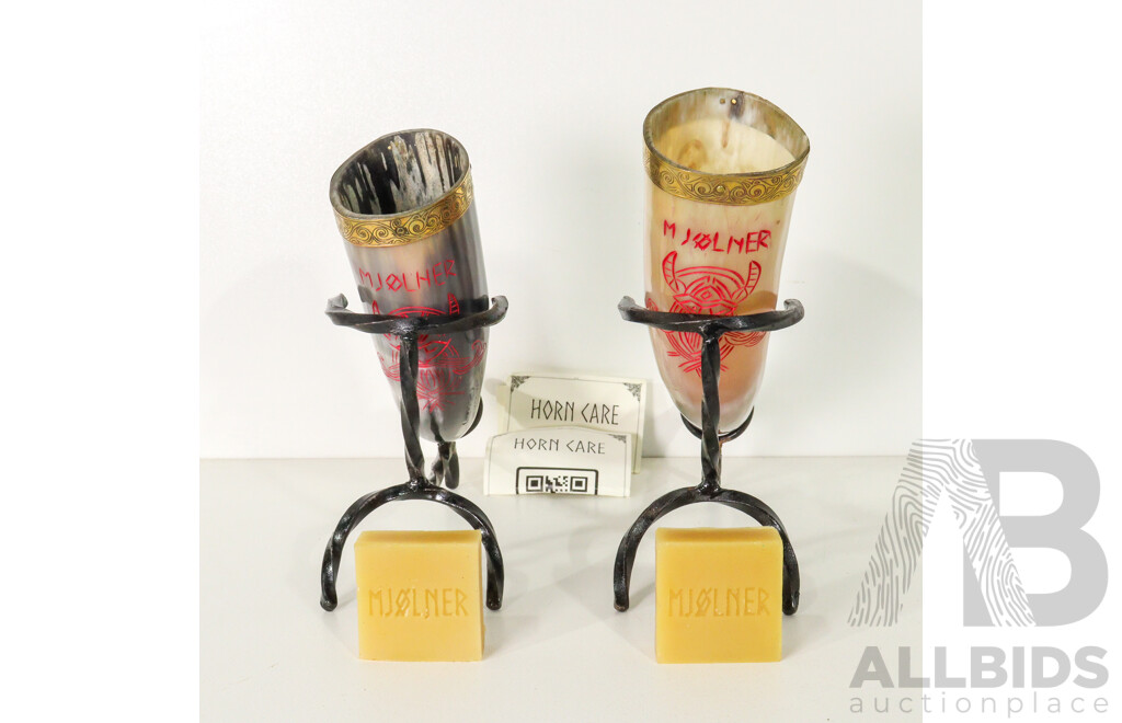 Set of Two Mjolner Drinking Horns with Stands & Beeswax Blocks