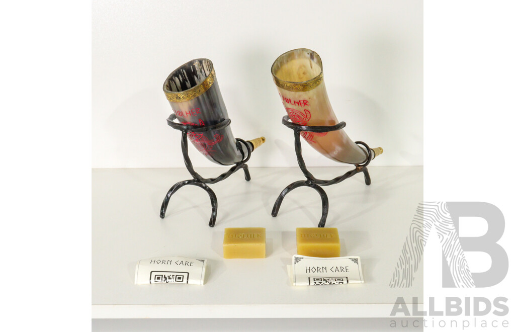 Set of Two Mjolner Drinking Horns with Stands & Beeswax Blocks