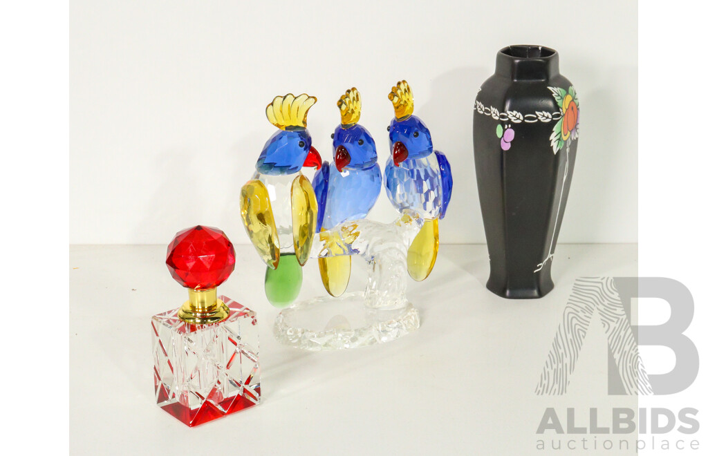 Collection of Three Decorative Pieces Including Perfume Bottle, Black Porcelain Vase, & Crystal Parrot Figurine