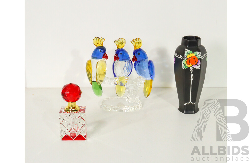 Collection of Three Decorative Pieces Including Perfume Bottle, Black Porcelain Vase, & Crystal Parrot Figurine