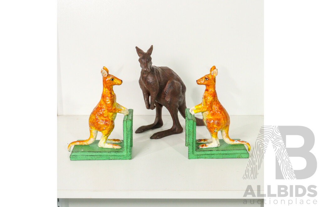 Pair of Cast Iron Kangaroo Bookends with Cast Iron Kangaroo Figure