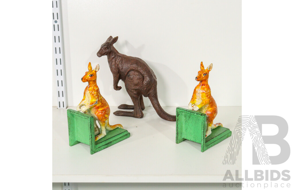 Pair of Cast Iron Kangaroo Bookends with Cast Iron Kangaroo Figure