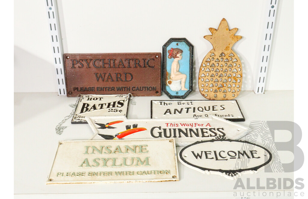 Collection of 8 Cast Iron Signs for Home Decor