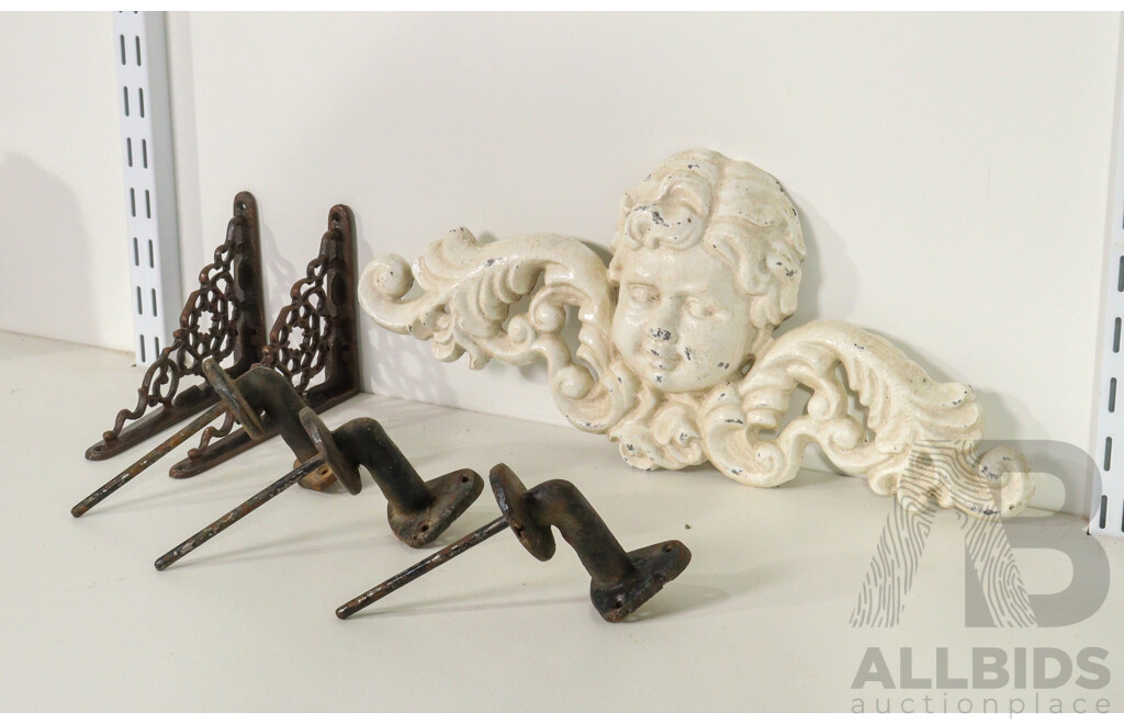 Cast Iron Cherub Wall Hanging, Shelf Bracket Set, and Wall Mounted Candlestick Holders
