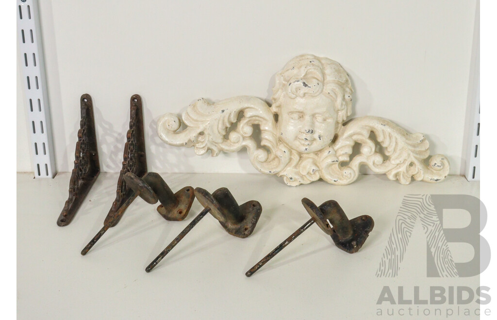 Cast Iron Cherub Wall Hanging, Shelf Bracket Set, and Wall Mounted Candlestick Holders