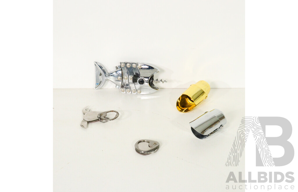 Pair of Georg Jensen Champagne Stoppers, Lazy Fish Corkscrew, and Pair of Unique Pocket Knives