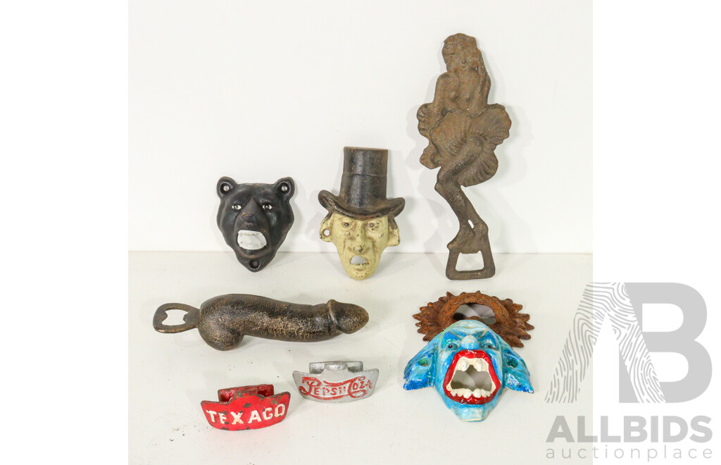 Collection of Eight Cast Iron Bottle Openers Including Pepsi Cola, Marilyn Monroe and Penis