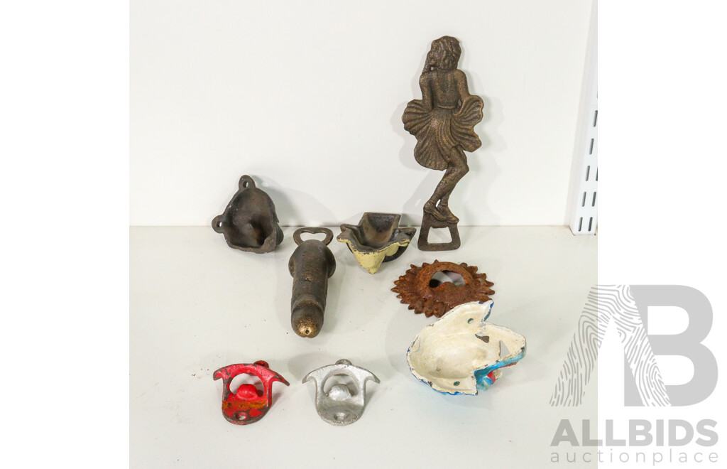 Collection of Eight Cast Iron Bottle Openers Including Pepsi Cola, Marilyn Monroe and Penis