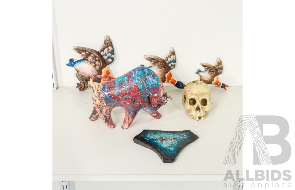 Assorted Collection Including Cast Iron Skull, Set of Three Cast Iron Flying Duck Wall Decor, Aboriginal Inspired Kangaroo Painting on Slate, and Aboriginal Inspired Resin Bull