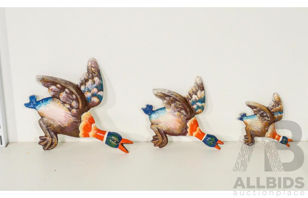 Assorted Collection Including Cast Iron Skull, Set of Three Cast Iron Flying Duck Wall Decor, Aboriginal Inspired Kangaroo Painting on Slate, and Aboriginal Inspired Resin Bull