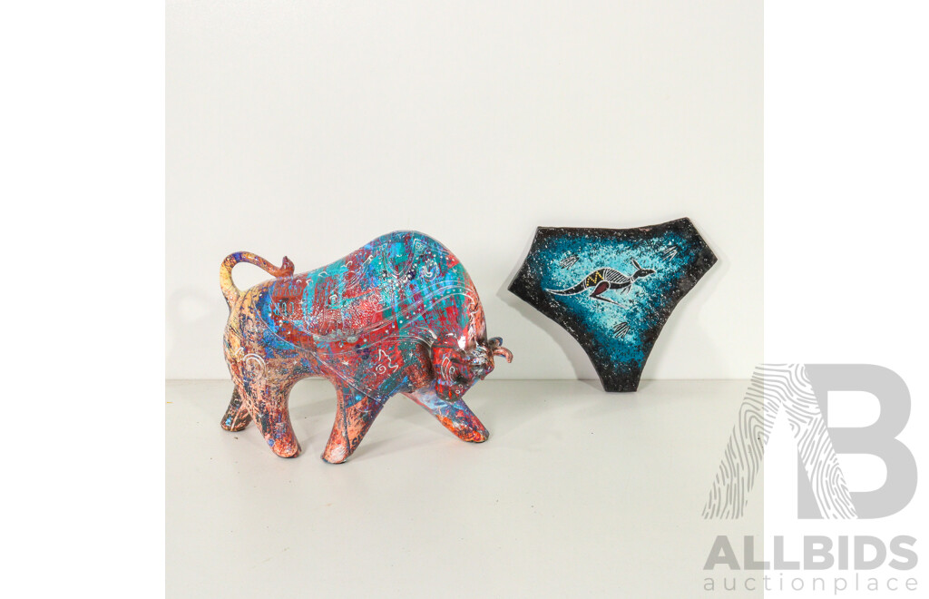 Assorted Collection Including Cast Iron Skull, Set of Three Cast Iron Flying Duck Wall Decor, Aboriginal Inspired Kangaroo Painting on Slate, and Aboriginal Inspired Resin Bull
