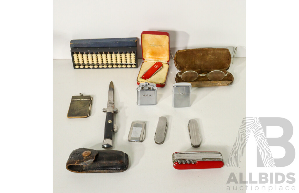 Assorted Collection of Five Pocket Knives, Japanese Abacus in Box, H.B.Bissell Spectacles and More