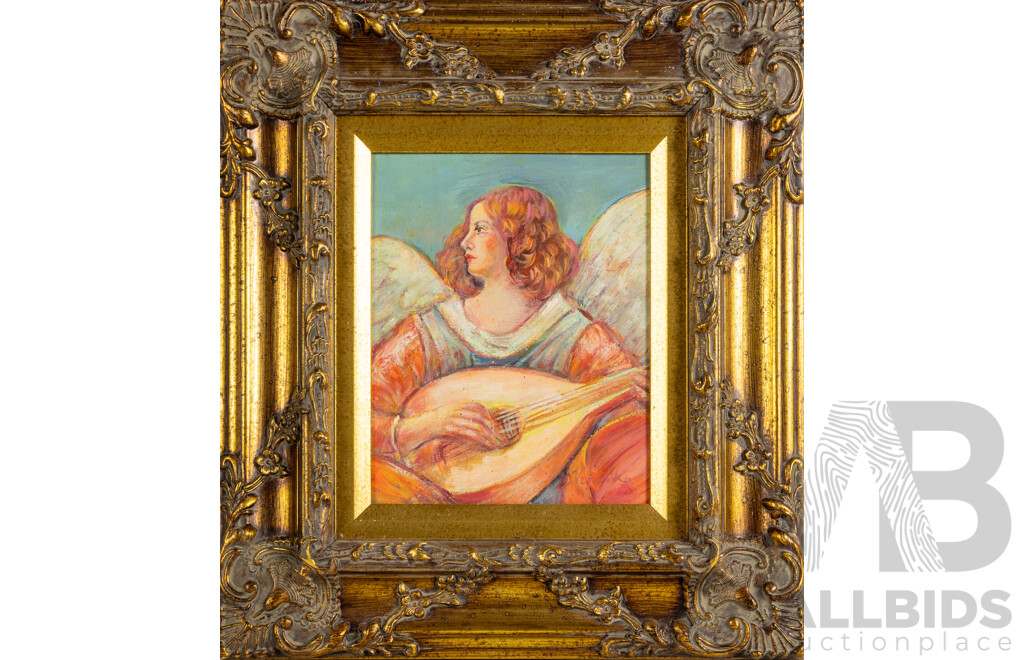 D. Veronika, (20th Century), Angel Playing Lute, Original Oil on Canvas Board, 45 x 40 cm (frame)