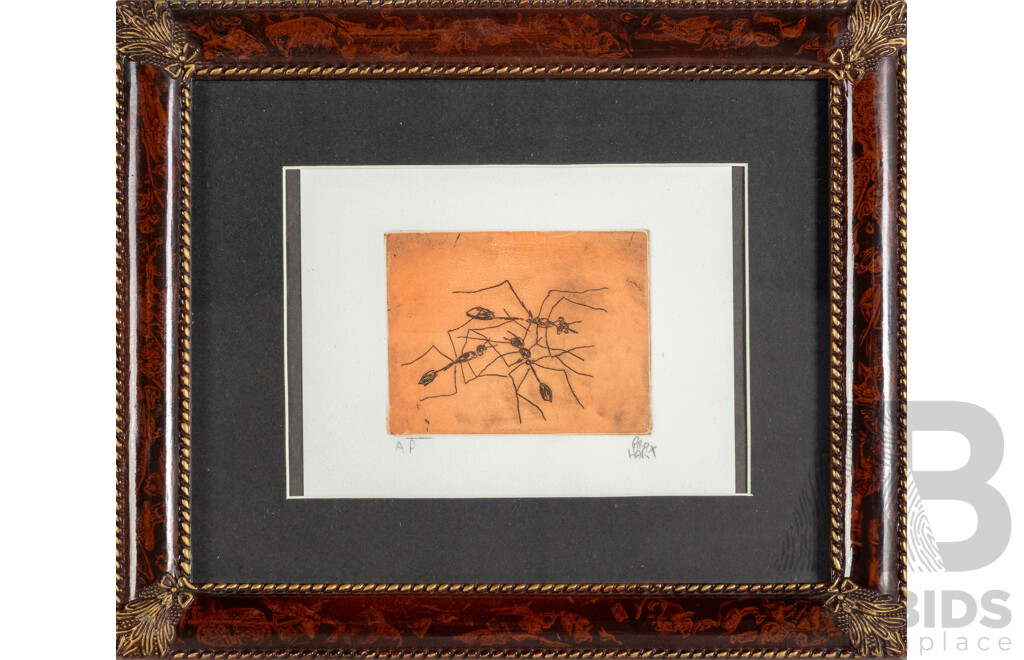 Pro Hart (20th Century, Australian, 1928-2006), Ant Study, Coloured Etching, 25 x 30 cm (frame)
