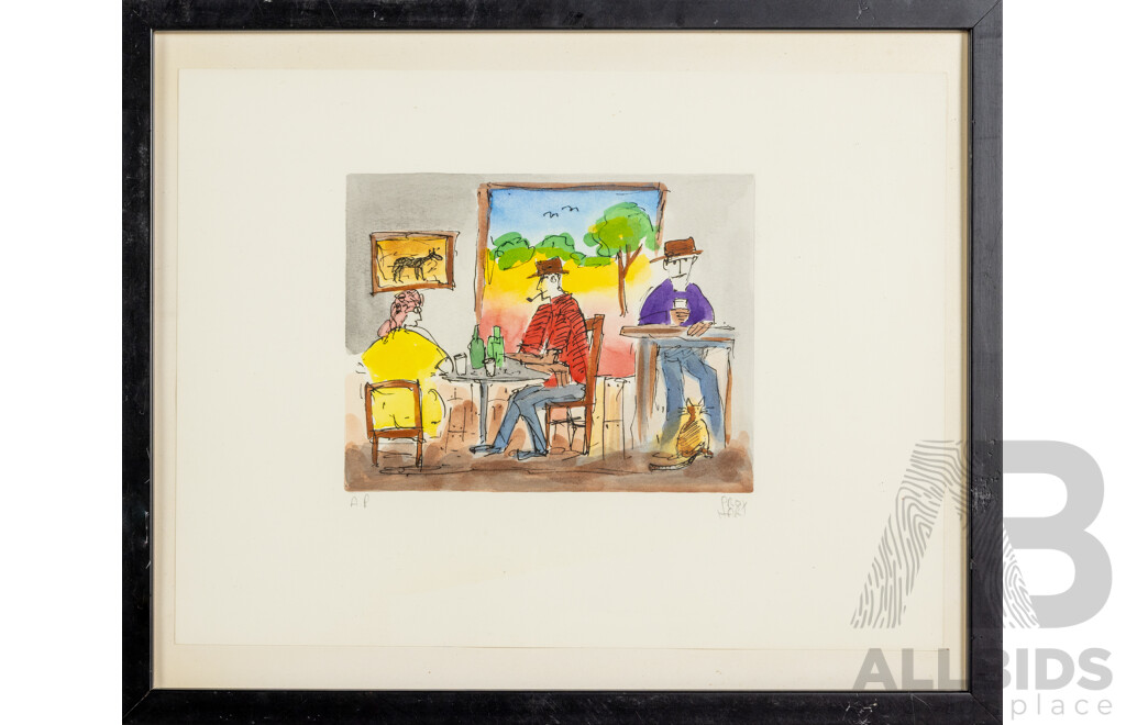 Pro Hart (20th Century, Australian, 1928-2006), Front Bar of the Pub, Coloured Etching, 36 x 43 cm (frame)