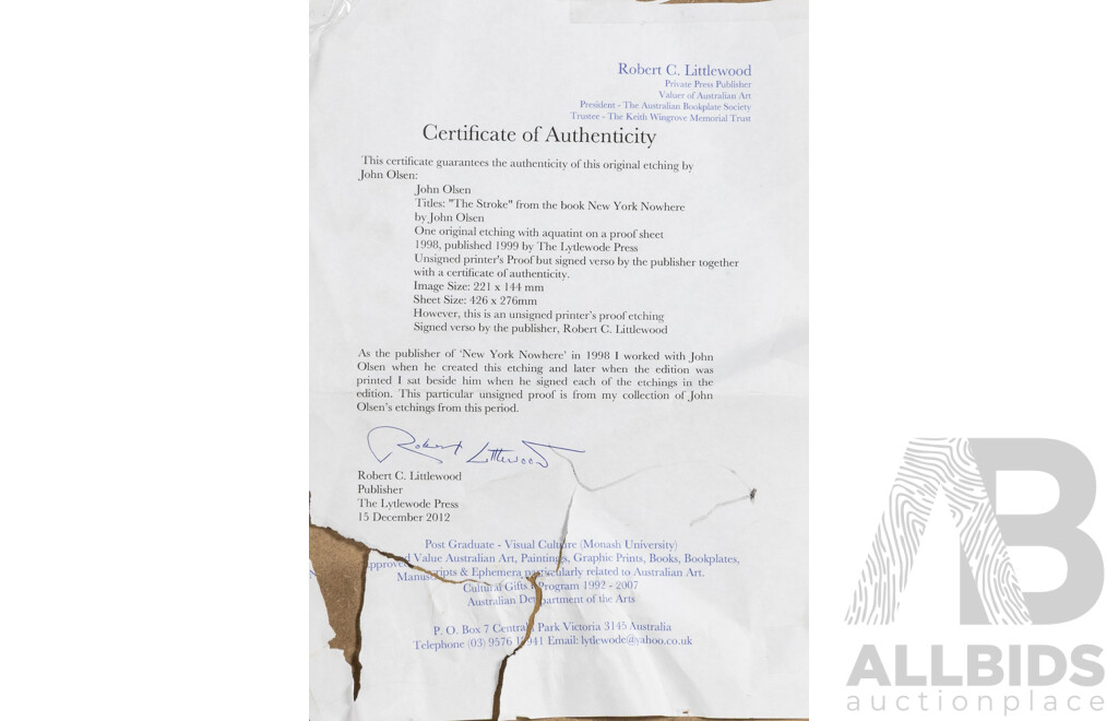 John Olsen, (20th Century, Australian, 1928-2023 ) The Stroke (from the Book New York Nowhere by Same), Unsigned Printer's Proof After Original 1998 Etching, 48 x 38 cm (frame)