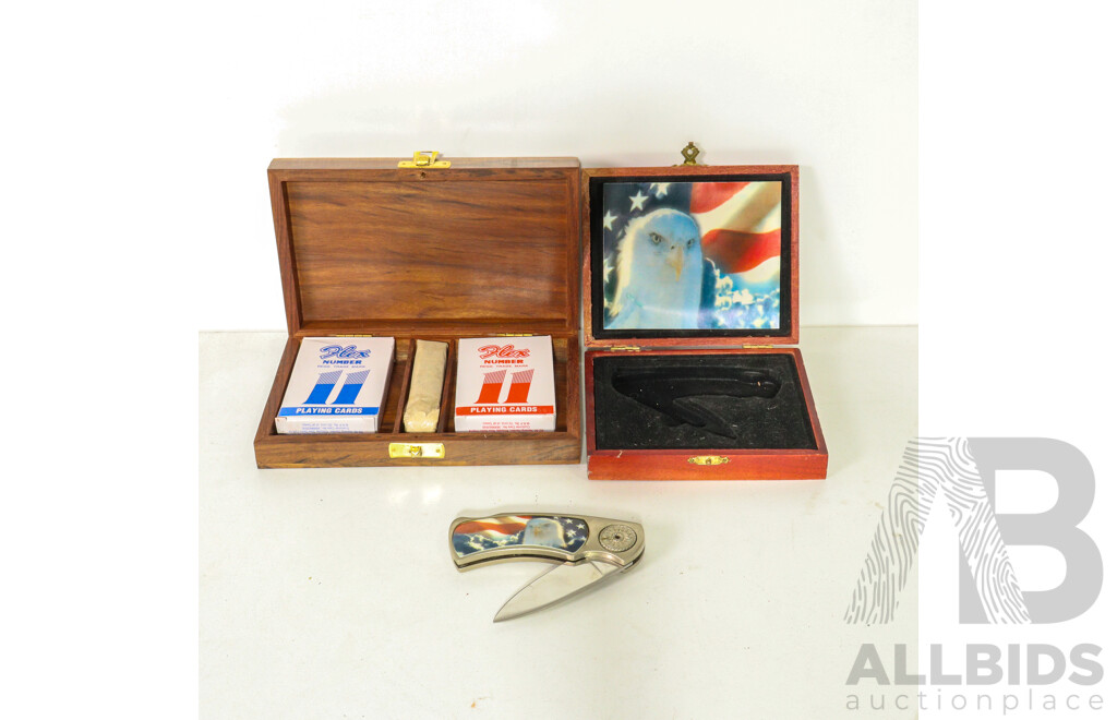 Wooden Game Box with Cards and Dice and Collector Knife Featuring an Eagle and American Flag Design with Case