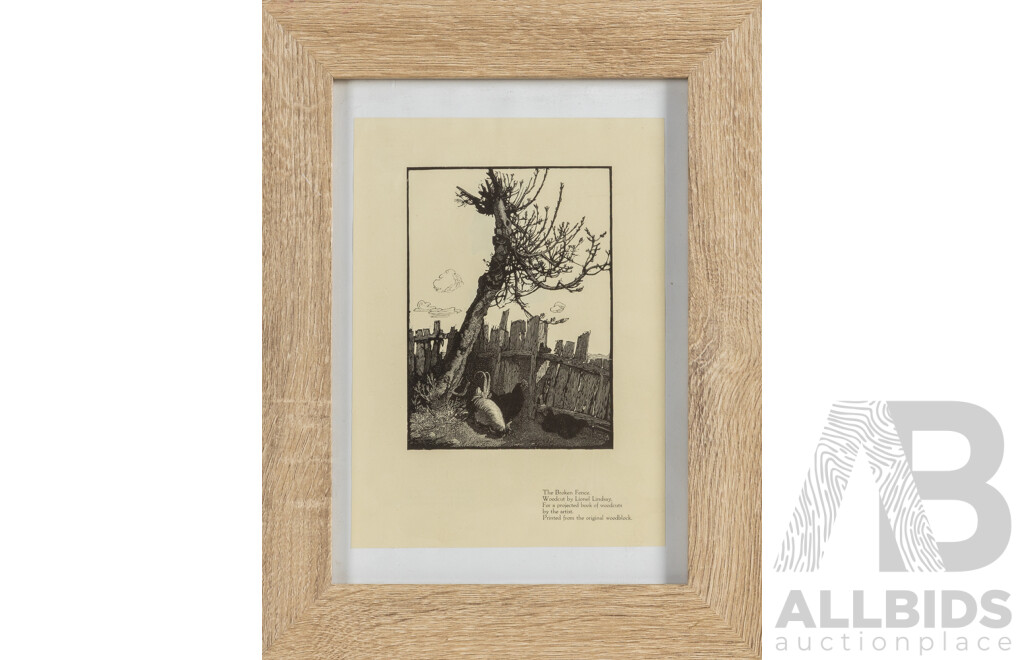 After Lionel Lindsay (19/20th Centuries, Australian, 1874-1961), The Broken Fence, Reproduction Print After Original 1923 Wood Cut, 37 x 29 cm (frame)