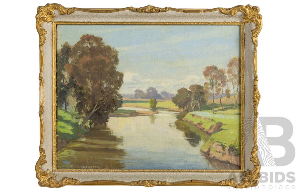 Charles Henry Lancaster (19th/20th Centuries, Australian, 1886-1959), Pine River, Bald Hills (1942), Wonderful Original Oil on Board Canvas, 40 x 48 cm (frame)