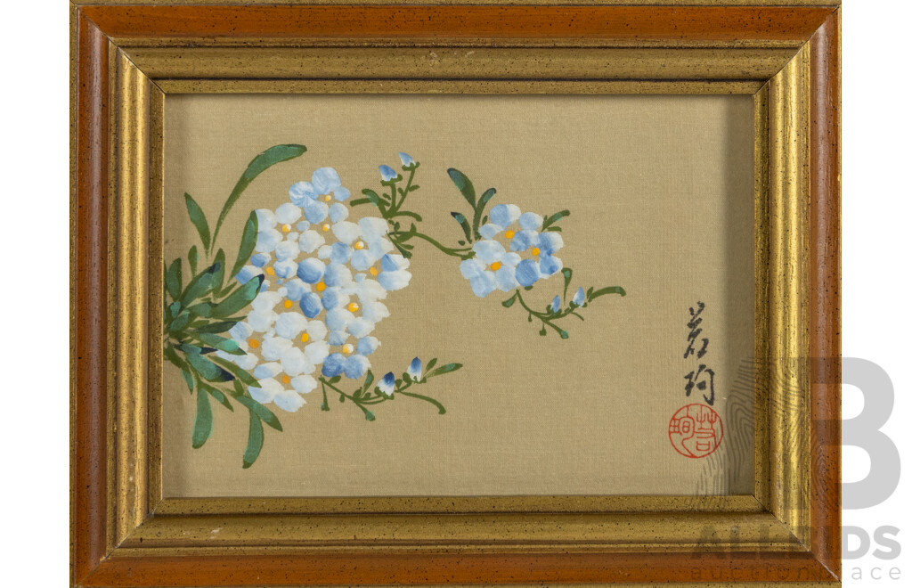 Artists Unknown, (20th Century, Asian School), Quartet of Flowers, Lovely Set of Original Gouache on Silk Panels, 16 x 21 cm (frames) (4)