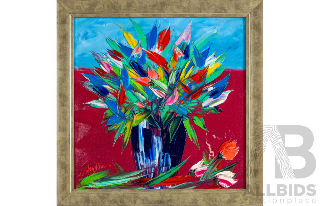 Jack Shahine, (20th Century, Australian), Summer Blooms in Blue Vase, Wonderful Original Oil on Board, 51 x 51 cm (frame)