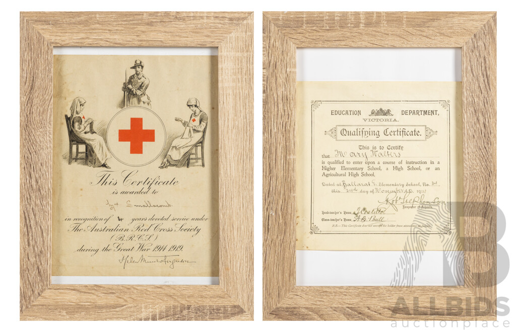 Pair of Antique Paper Certificates - Australian Red Cross Society Great War 1914-1919 & Victorian Education Department Qualifying Certificate, Dated 1914, 37 x 29 cm (frames) (2)