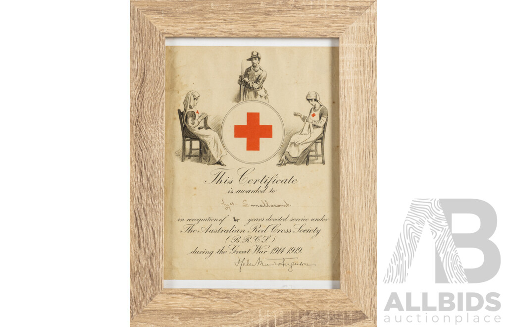 Pair of Antique Paper Certificates - Australian Red Cross Society Great War 1914-1919 & Victorian Education Department Qualifying Certificate, Dated 1914, 37 x 29 cm (frames) (2)