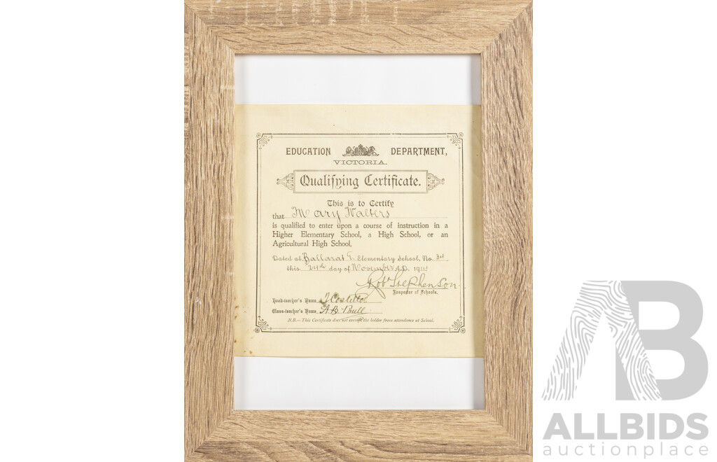 Pair of Antique Paper Certificates - Australian Red Cross Society Great War 1914-1919 & Victorian Education Department Qualifying Certificate, Dated 1914, 37 x 29 cm (frames) (2)