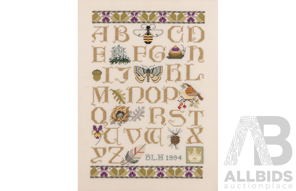 Pair of Lovely Alphabet Cross Stitches, Unframed, 43 x 32 cm (2)
