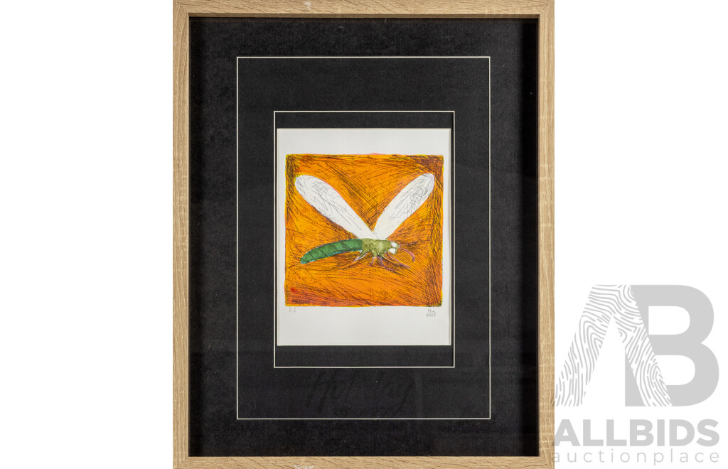 Pro Hart, (20th Century, Australian, 1928-2006), Insect (1977), Hand Coloured Etching, 53 x 43 cm (frame)