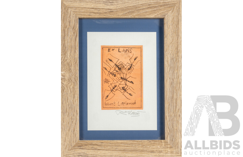 Pro Hart, (20th Century, Australian, 1928-2006), Ex Libris Bookplate for Robert Littlewood, Line Etching with Aquatint, 37 x 29 cm (frame)