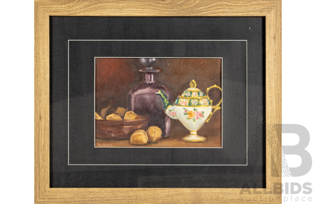 Surgey (20th Century), Decorative Teapot, Purple Vase with Walnuts, Original Oil on Canvas Board, 47 x 57 cm (frame)