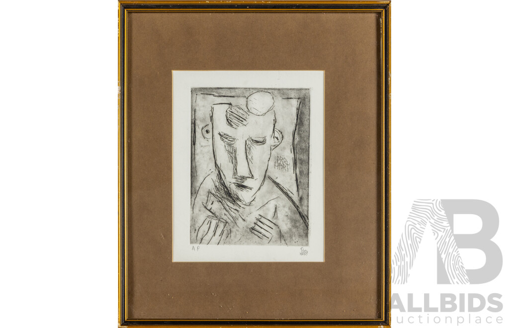Pro Hart (20th Century, Australian, 1928-2006), Meditating Miner, Etching, 40H x 33.5W cm (frame)