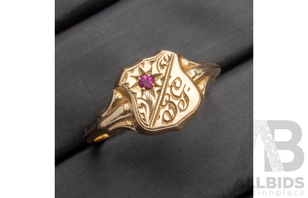 9ct Yellow Gold Signet Crest Ring with 1.7mm Ruby - Size K