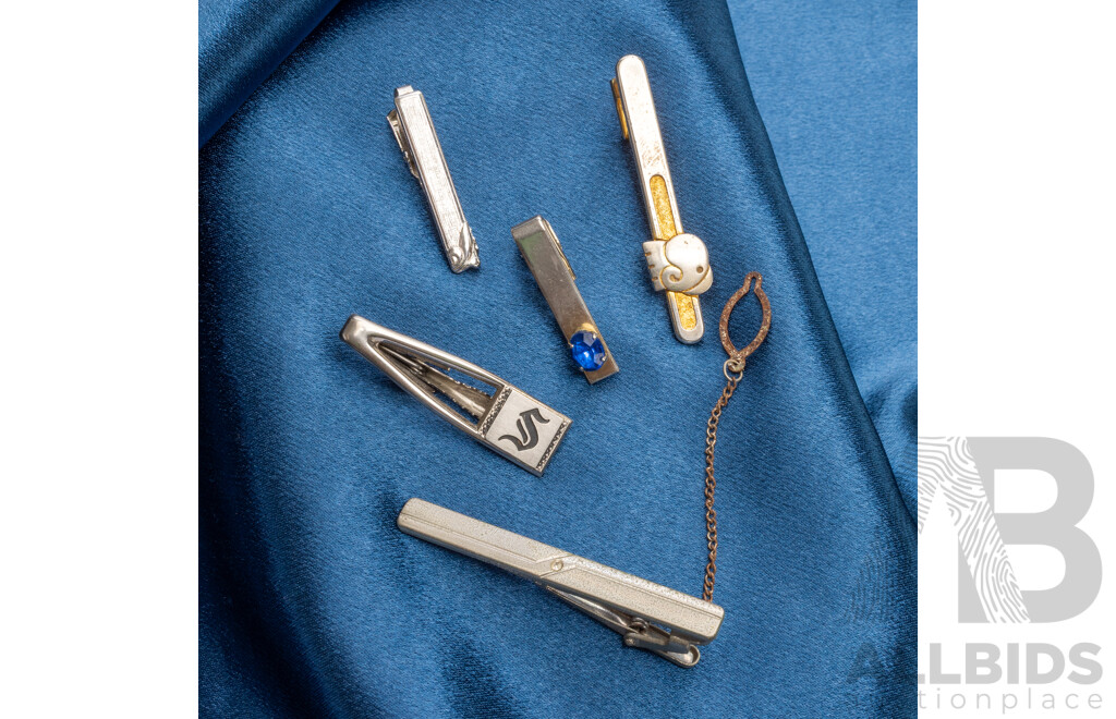 Assorted Different Stylised Metal Tie Clips - Lot of 5