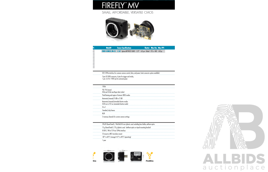 Point Grey RoHS 0.3MP B&W Firefly MV 1394a Camera with Lens 2.8-10mm F1.6 IR and FWB-LDR-CAT5 FirePRO LDR (long Distance Repeater) in Pelican 1600 Carry Case