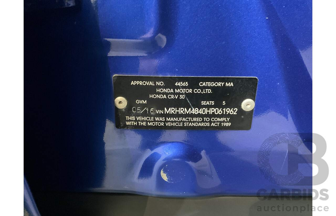 05/2016 Honda CR-V VTi-L (4x4) 4x4 30 Series 2 MY17 4d Wagon Brilliant Sporty Blue Metallic 2.4L