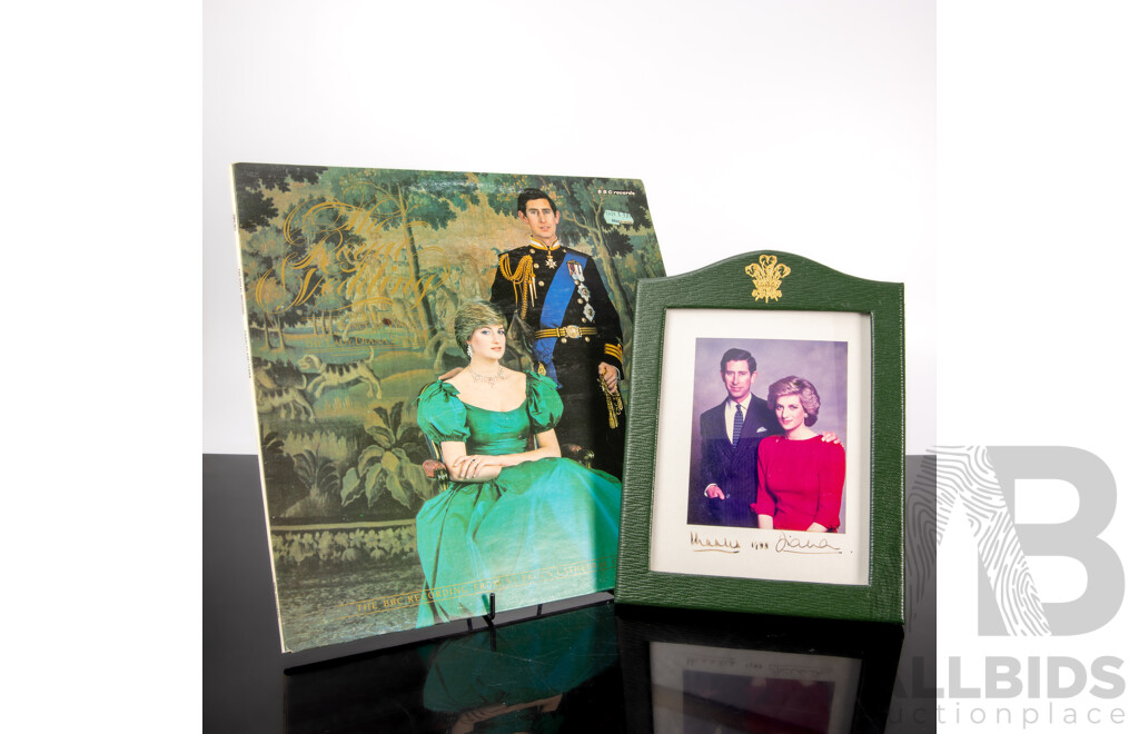 Photograph of Prince Charles and Lady Diana, Signed by Both, 1988, in Frame with Coronet Symbol to Top, Along with Vinyl LP Record of the Wedding
