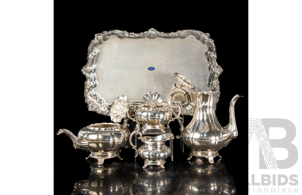 Vintage Viners Silver Plated Four Piece Tea Set with Gadrooned Sides on Tray