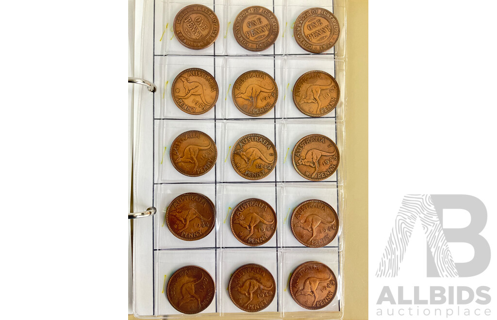 Collection of Australian Pennies, KGV, KGVI, QE2, Consecutive 1934 to 1964