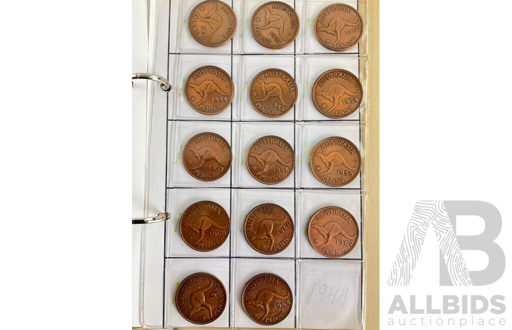 Collection of Australian Pennies, KGV, KGVI, QE2, Consecutive 1934 to 1964