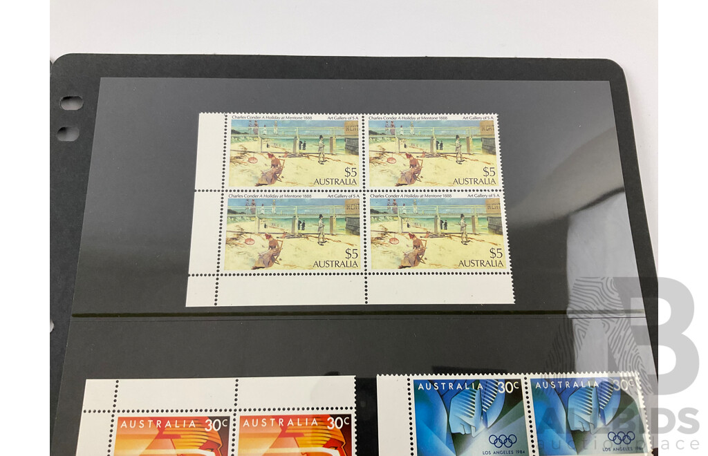 Australian 1984 Mint Stamp Blocks Including Sets, Clipper Ships, AUSIPEX, Rock Paintings, Painting Series Charles Condor Block of Four Five Dollars