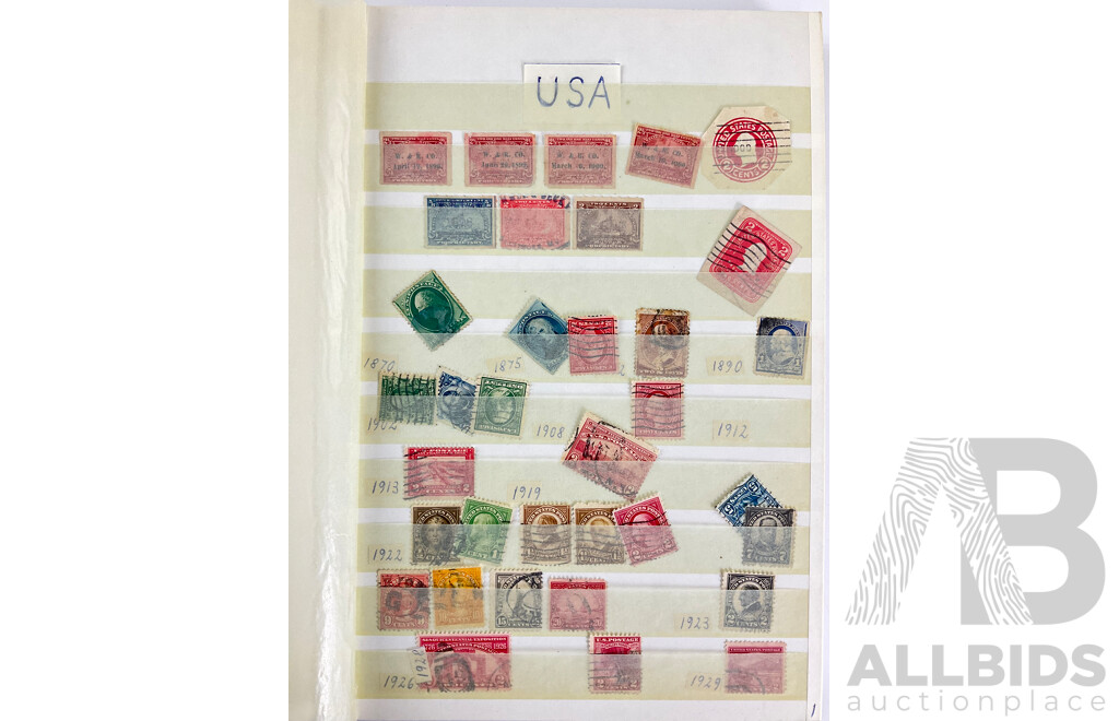 Album of Antique and Vintage International Stamps Including USA Inter Revenue Overprints, Lincoln, Franklin, Washington, Roosevelt, Canada QV, KEVII KGV, New Zealand Predecimal, Great Britain, Denmark, Germany