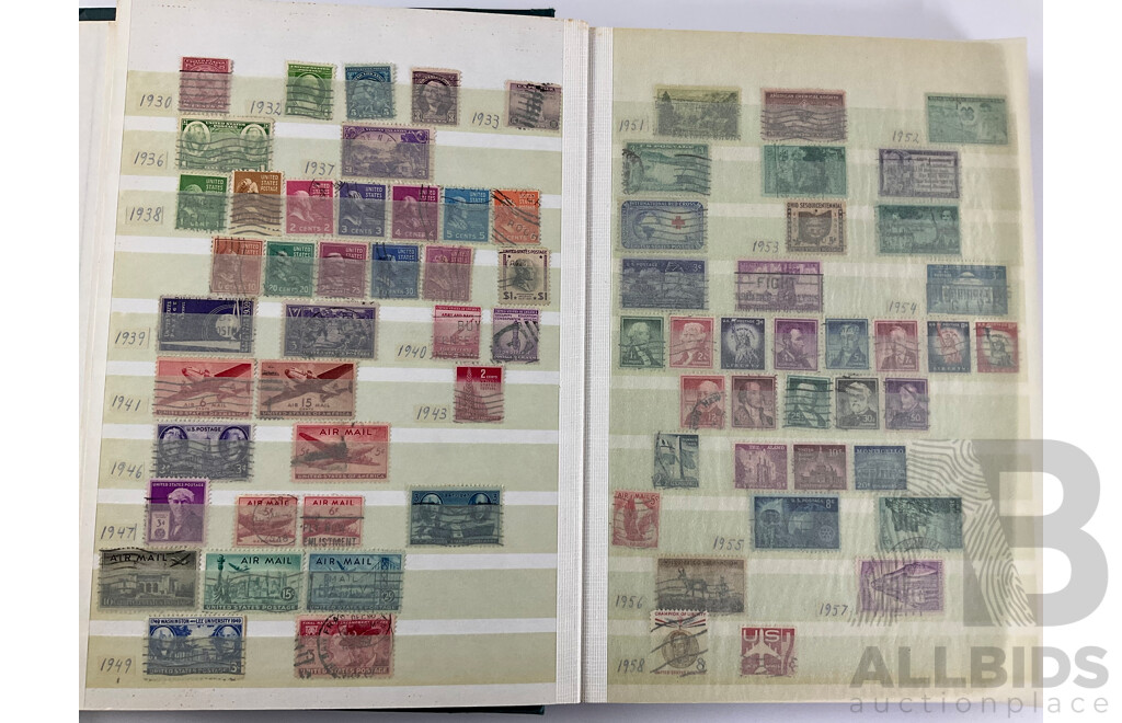 Album of Antique and Vintage International Stamps Including USA Inter Revenue Overprints, Lincoln, Franklin, Washington, Roosevelt, Canada QV, KEVII KGV, New Zealand Predecimal, Great Britain, Denmark, Germany