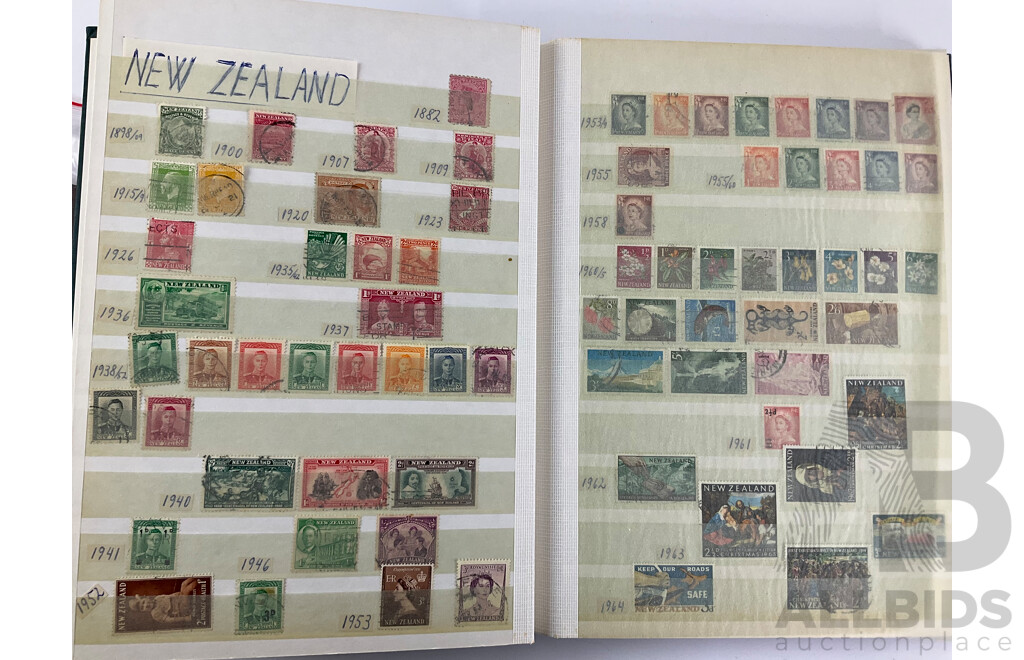 Album of Antique and Vintage International Stamps Including USA Inter Revenue Overprints, Lincoln, Franklin, Washington, Roosevelt, Canada QV, KEVII KGV, New Zealand Predecimal, Great Britain, Denmark, Germany