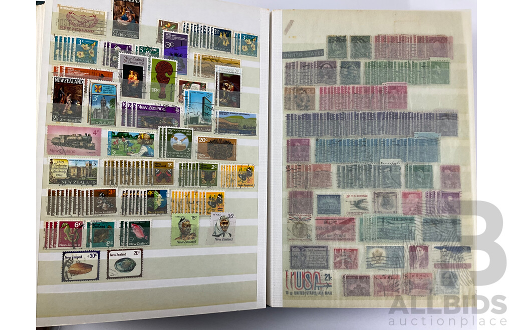 Album of Antique and Vintage International Stamps Including USA Inter Revenue Overprints, Lincoln, Franklin, Washington, Roosevelt, Canada QV, KEVII KGV, New Zealand Predecimal, Great Britain, Denmark, Germany