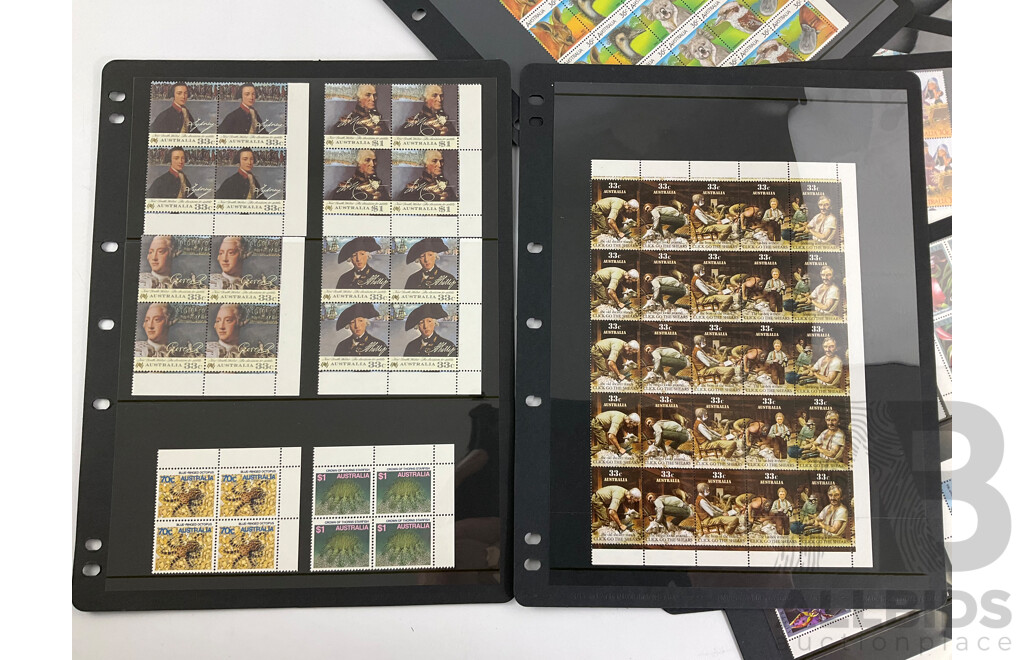 Collection of Australian 1980's Mint Stamp Blocks and Sheets Including Sets, Bicentennial, Click Go the Shears, Christmas 1986 and More