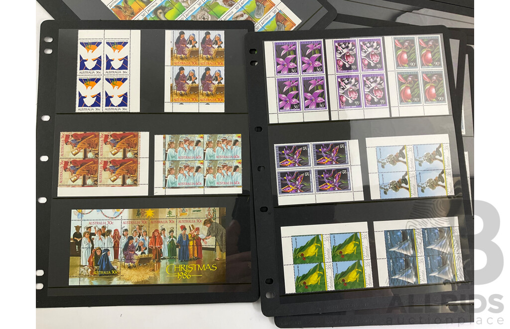 Collection of Australian 1980's Mint Stamp Blocks and Sheets Including Sets, Bicentennial, Click Go the Shears, Christmas 1986 and More